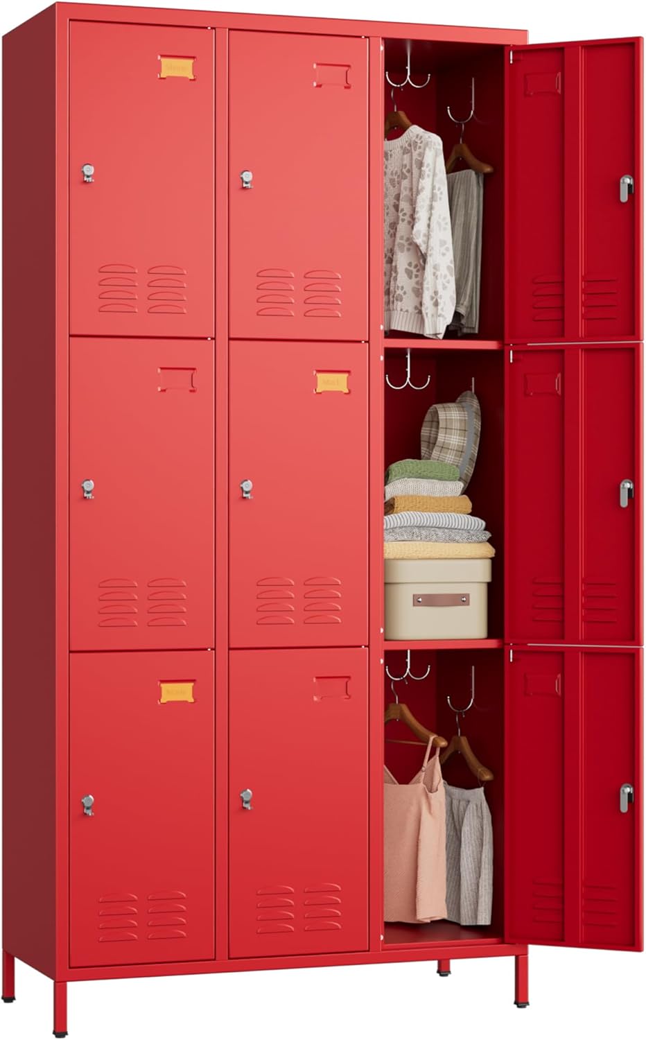 9 Doors Metal Lockers for Employees with 27 Hooks, Storage Locker with Business Card Holder for Office Gym School Bedroom, Assembly Required, Red