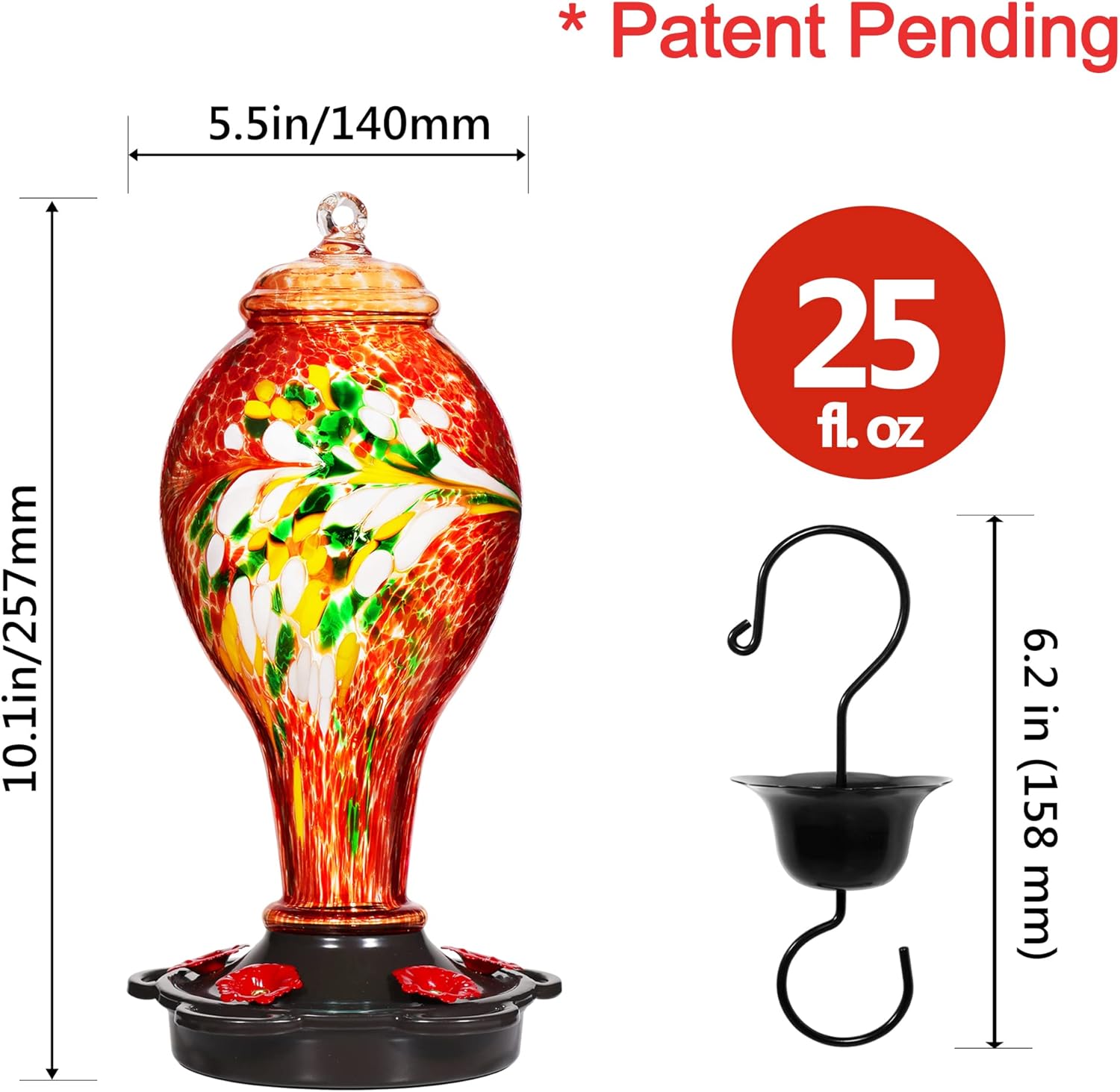 LUJII Hummingbird Feeder for Outdoors, Hand Blown Glass Humming Bird Feeder, Anti Fade Leakproof with 25 Ounces Nectar Capacity, Easy to Install Clean Refill, Include Hook & Ant Moat (Red)