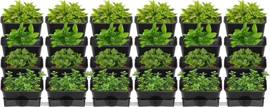 24Pack Vertical Wall Planter, 13 inch Wall Mounted Garden Planters, Stackable Wall Hanging Planter, Plastic Flower Pot with 4 Drainage Tray & 6.56FT Drainage Pipe for Indoor and Outdoor (Black)