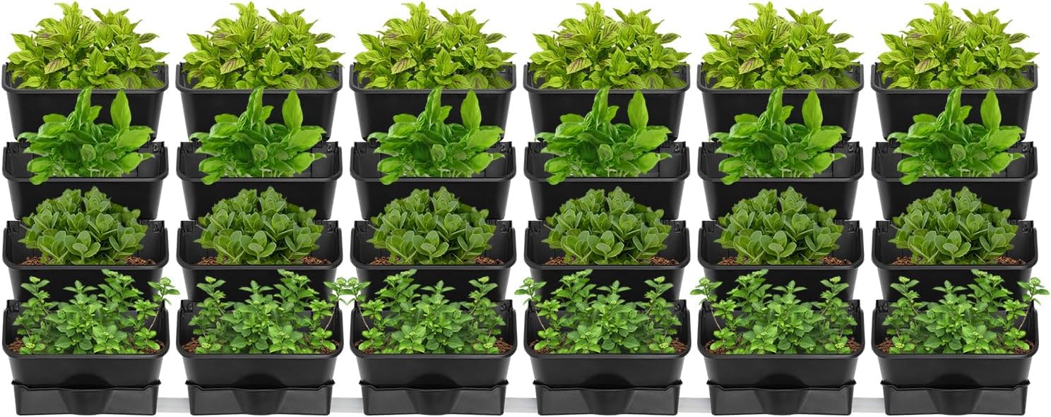 24Pack Vertical Wall Planter, 13 inch Wall Mounted Garden Planters, Stackable Wall Hanging Planter, Plastic Flower Pot with 4 Drainage Tray & 6.56FT Drainage Pipe for Indoor and Outdoor (Black)