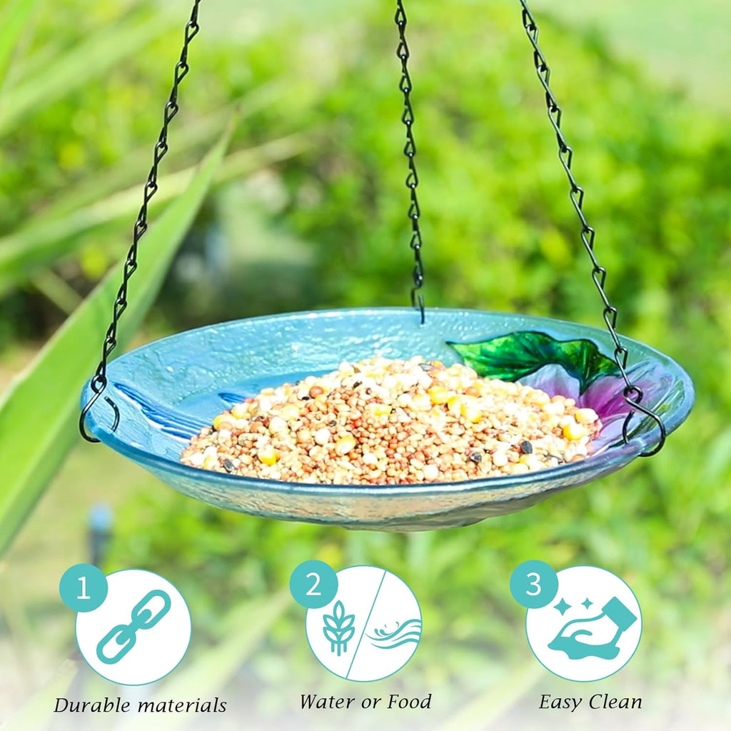 VCUTEKA Glass Hanging Bird Bath for Outdoors, BirdBaths with 21-Inch Rust-Proof Chain, Garden Yard Decor, Hummingbird Pattern