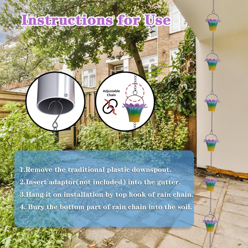 10FT Rain Chains for Outside, Rain Gutter Chain with 12 Lily Cups, Adjustable Rain Water Chain with Bell for Eaves Drainage, Replacement for Downspout