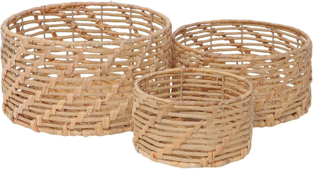 Storage Baskets Natural Weave Handwoven Round Paper Rope Hyacinth basket Stackable writing desk Organizer for Home, Eco-Friendly Woven Decor Set of 3