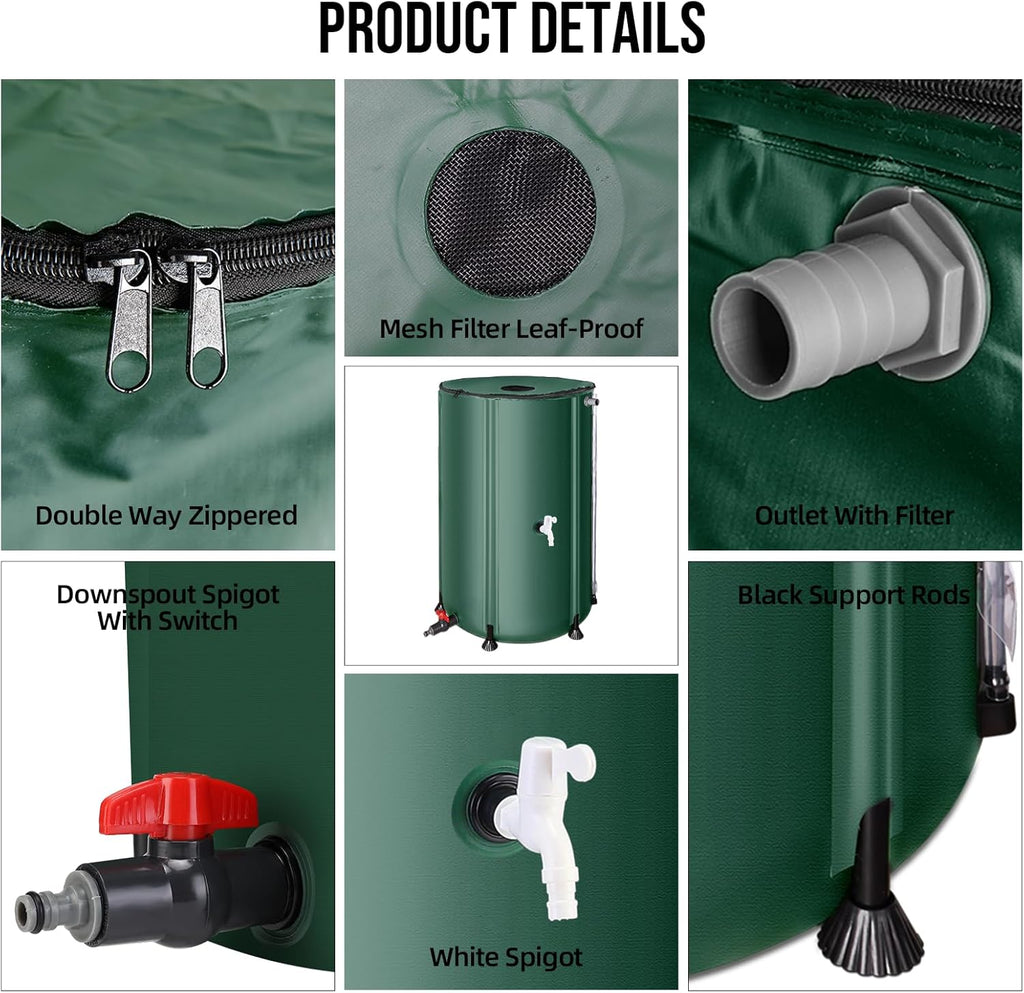 Collapsible Rain Barrel Water Collection System - 100 Gallon Portable Water Storage Tank,Foldable Rainwater Collect System Downspout, Water Catcher Container with Filter, Spigots＆Overflow Kit,Green