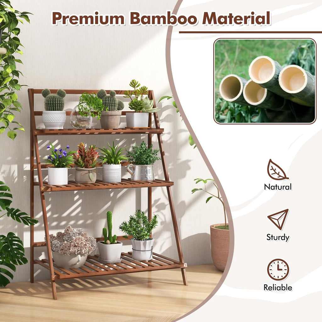COSTWAY Bamboo Plant Stand, Foldable Multifunctional Flower Display Ladder Shelf, 3-Tier Storage Rack