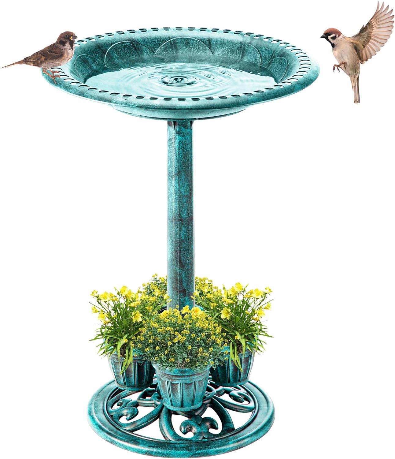 Bird Bath for Outside with 4 Removable Flower Planters 28in Polyresin Lightweight Vintage Birdbath Stake Standing Bowl and Water Feeder Yard Gardan Decor Green
