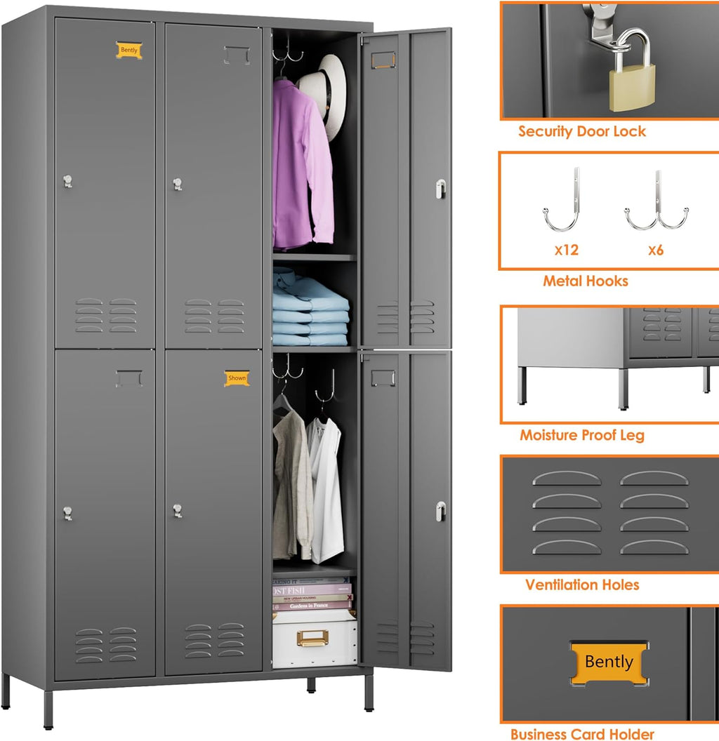 METAN Metal Locker for School Office Gym Bedroom,6 Doors Steel Storage Lockers Cabinet for Employees,Industrial Storage with 1 Shelf,Assembly Required,Dark Gray