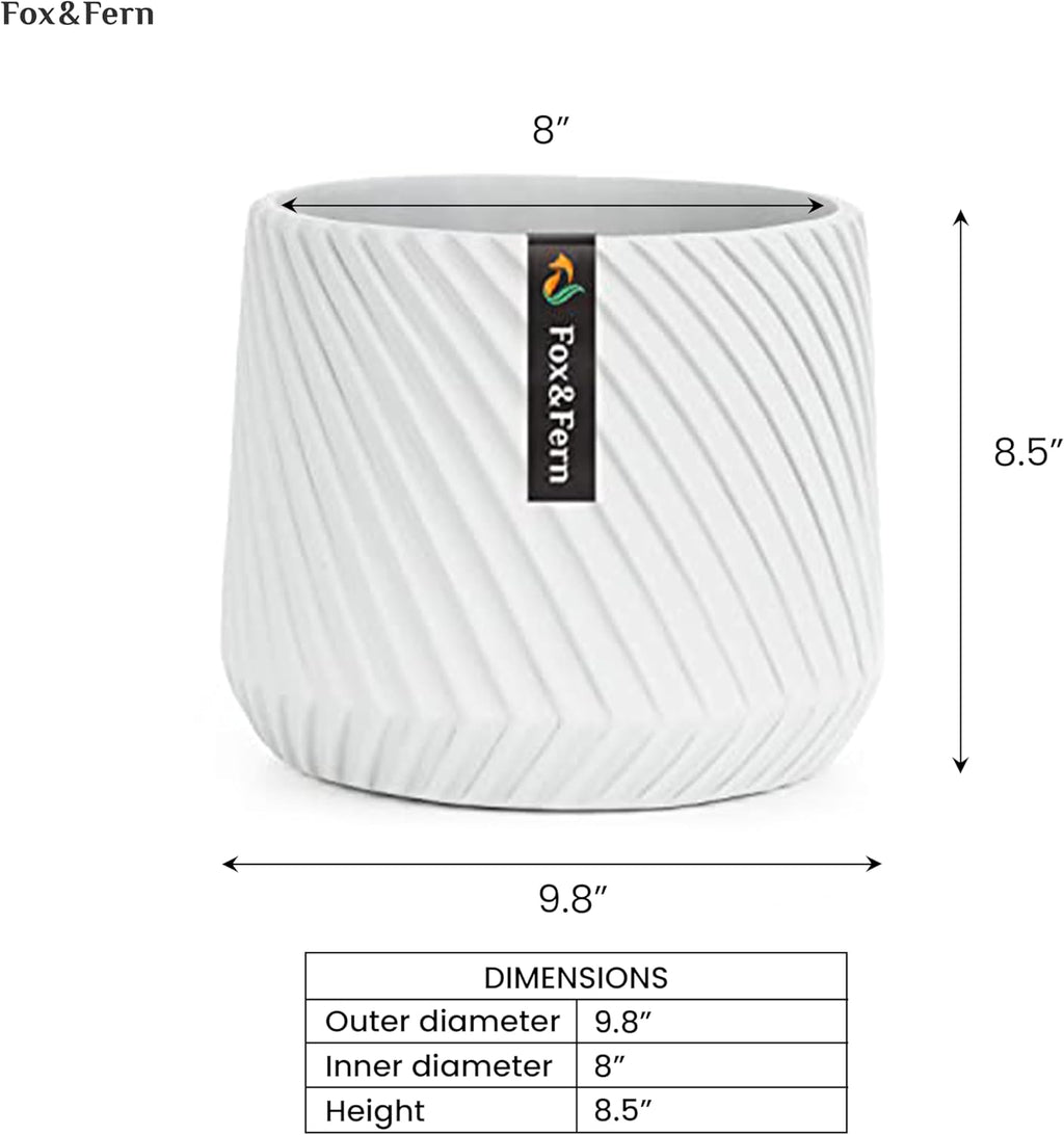 Fox & Fern 10 Inch Plant Pot with Drainage Plug — Premium Polystone White Plant Pot; Modern Planter with 3D Texture and Ceramic Finish; 10 Inch Pots for Plants Indoor & Outdoor