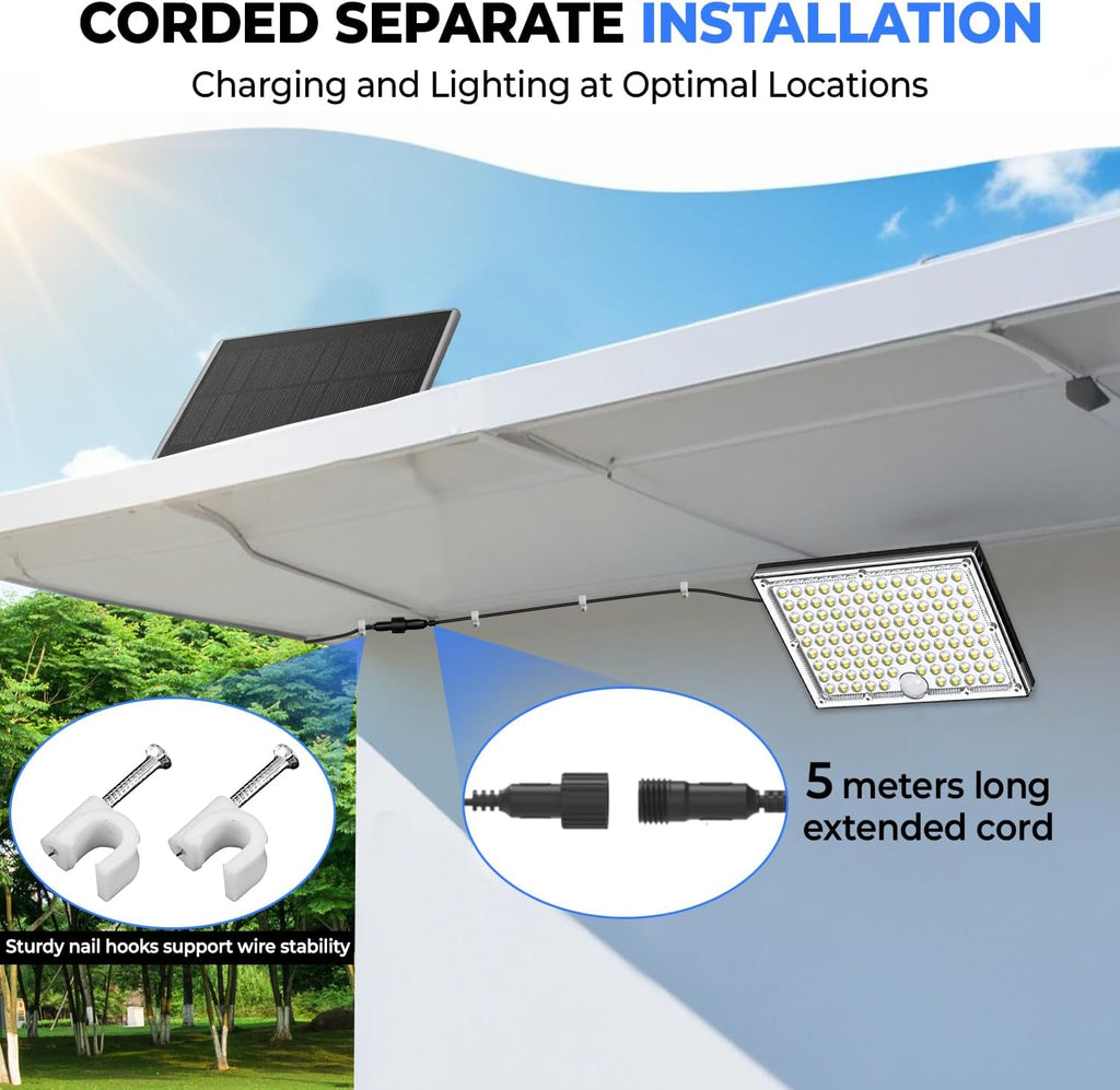 Outdoor Solar Lights,113 Powerful LED Lenses with 9000k Cool White Light, Solar Security Lights Indoor 5 Meters Long Wire, Works Upto 24 HR on Mode 3, Comes with 2 Year Warranty.