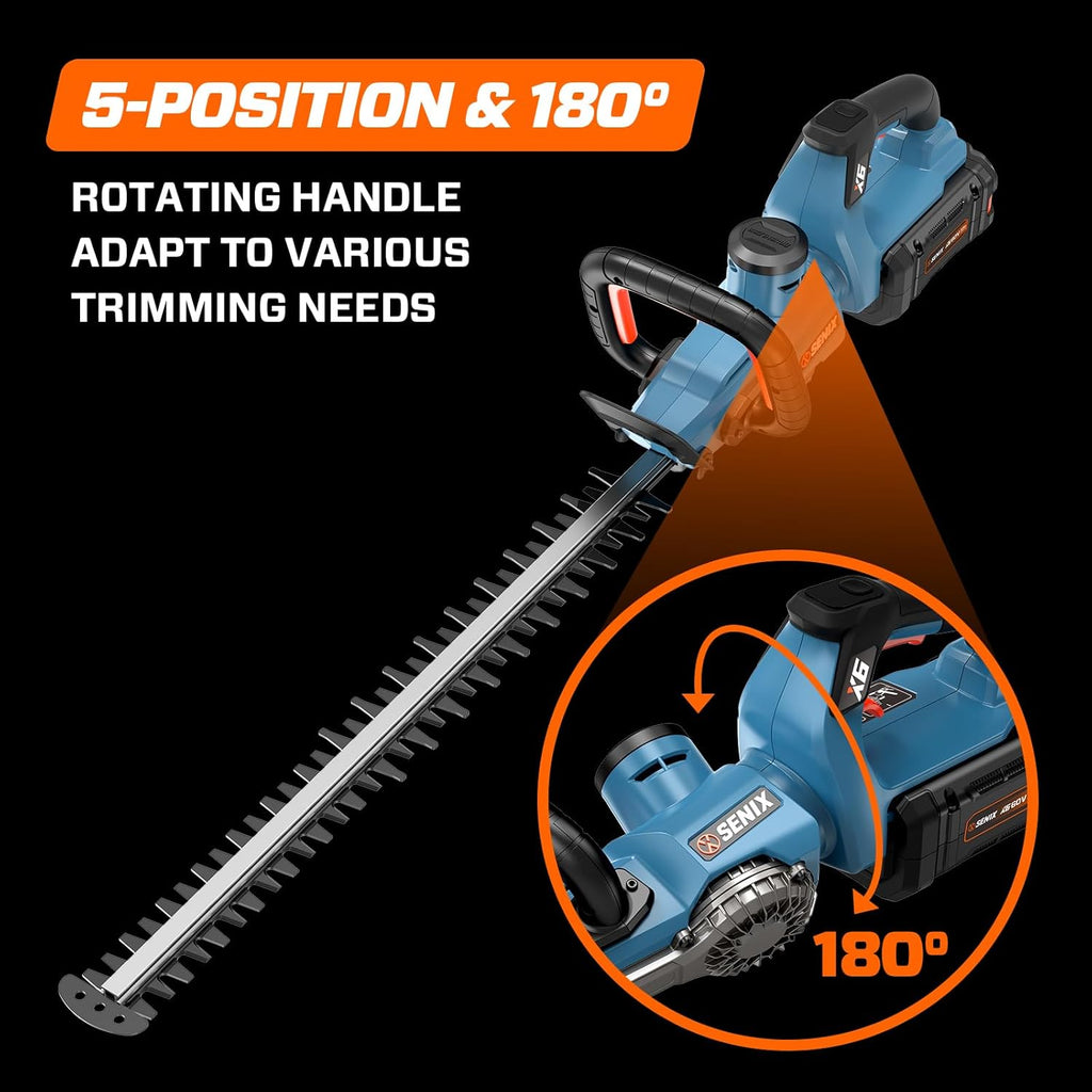 SENIX X6 60V Max* Battery Powered 26" Cordless Hedge Trimmer with Brushless Motor, Double-Sided Dual Action Blades, 1-1/4" Cutting Capacity, 3.0 Ah Lithium-ion Battery & Charger Included (HTX6-M1)