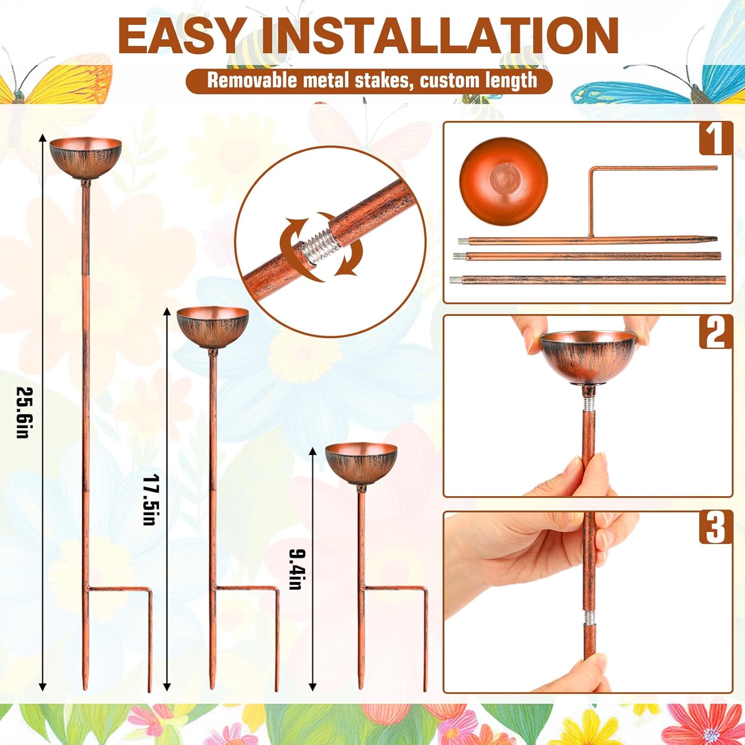 6 Pcs Bee Watering Station for Garden Bee Metal Watering Cups Butterfly Water Feeder Small Insects Bath Bowl Cups Metal Stakes for Outdoor Garden Decor, Copper