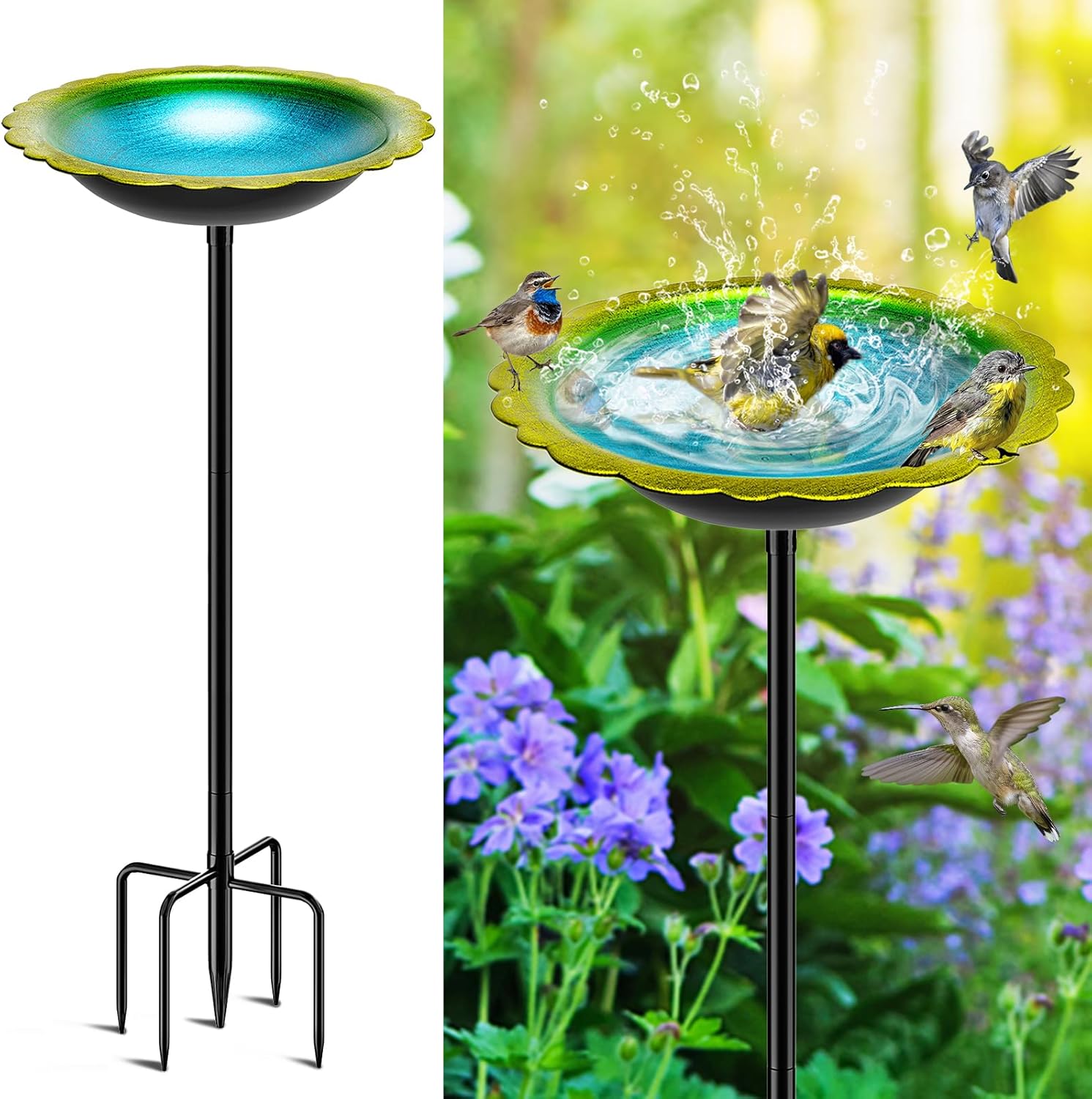 38In Bird Bath for Outside, Metal Birdbath Bowl Decorated Metal with 5 Prong Base Stand Outdoor Bird Baths Bird Feeder Garden Decor Yard Art (Blue-Green)