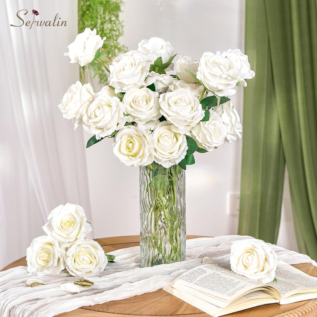 Serwalin 50pcs Artificial White Roses, 4'' Velvet Flower Head Fake Roses Bulk, Real Touch Silk Roses Realistic Bouquet Long Stems Wedding Home Decor and Table Centerpiece
