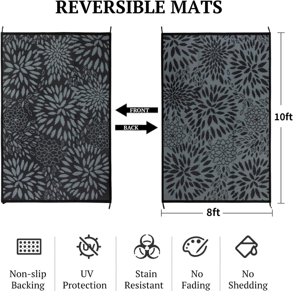 8'x10' Reversible Outdoor Rug - Eco-Friendly Plastic Straw Rug-Heavy-Duty Waterproof Mat, UV & Fade Resistant for Patio, Camping, RV, Deck, Balcony(8x10,Black&Floral)