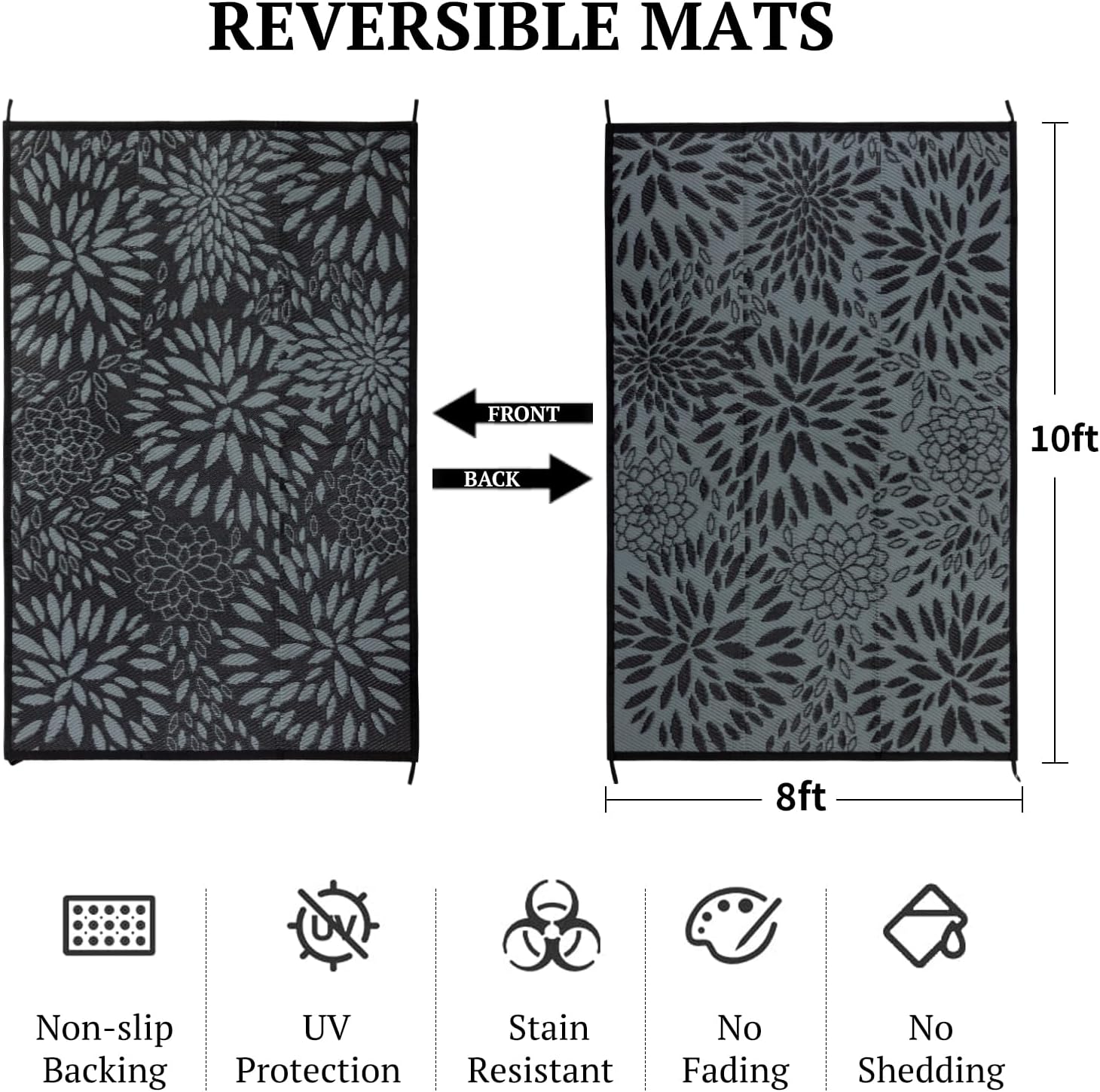 8'x10' Reversible Outdoor Rug - Eco-Friendly Plastic Straw Rug-Heavy-Duty Waterproof Mat, UV & Fade Resistant for Patio, Camping, RV, Deck, Balcony(8x10,Black&Floral)