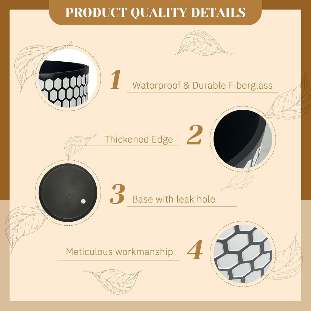 12 Inch Flower Pot Without Bracket with Drainage Holes Suitable for Indoor and Outdoor Decorative Planting (Black White Hexagon, 12 Inches)