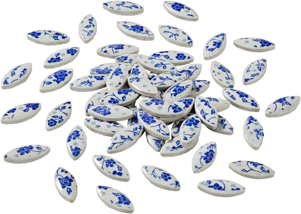 Petal Ceramic Mosaic Tiles for Crafts, Blue and White Porcelain Ceramic Mosaic Pieces Bulk Mosaic Christmas Partial Renovation Gift Ideas, Mosaic Supplies - 70pcs