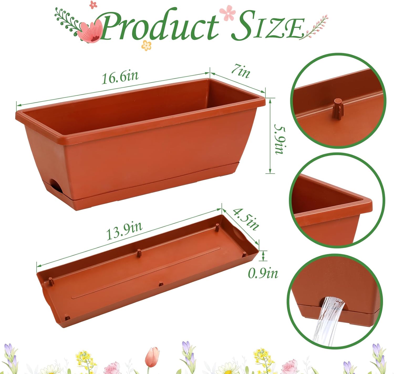 12Pcs 17Inches Rectangle Planter Box with Drainage Holes and Trays Plastic Planters Flower Boxes Pots for Indoor Outdoor Plants Patio Garden Home Decor Porch Yard (Red)