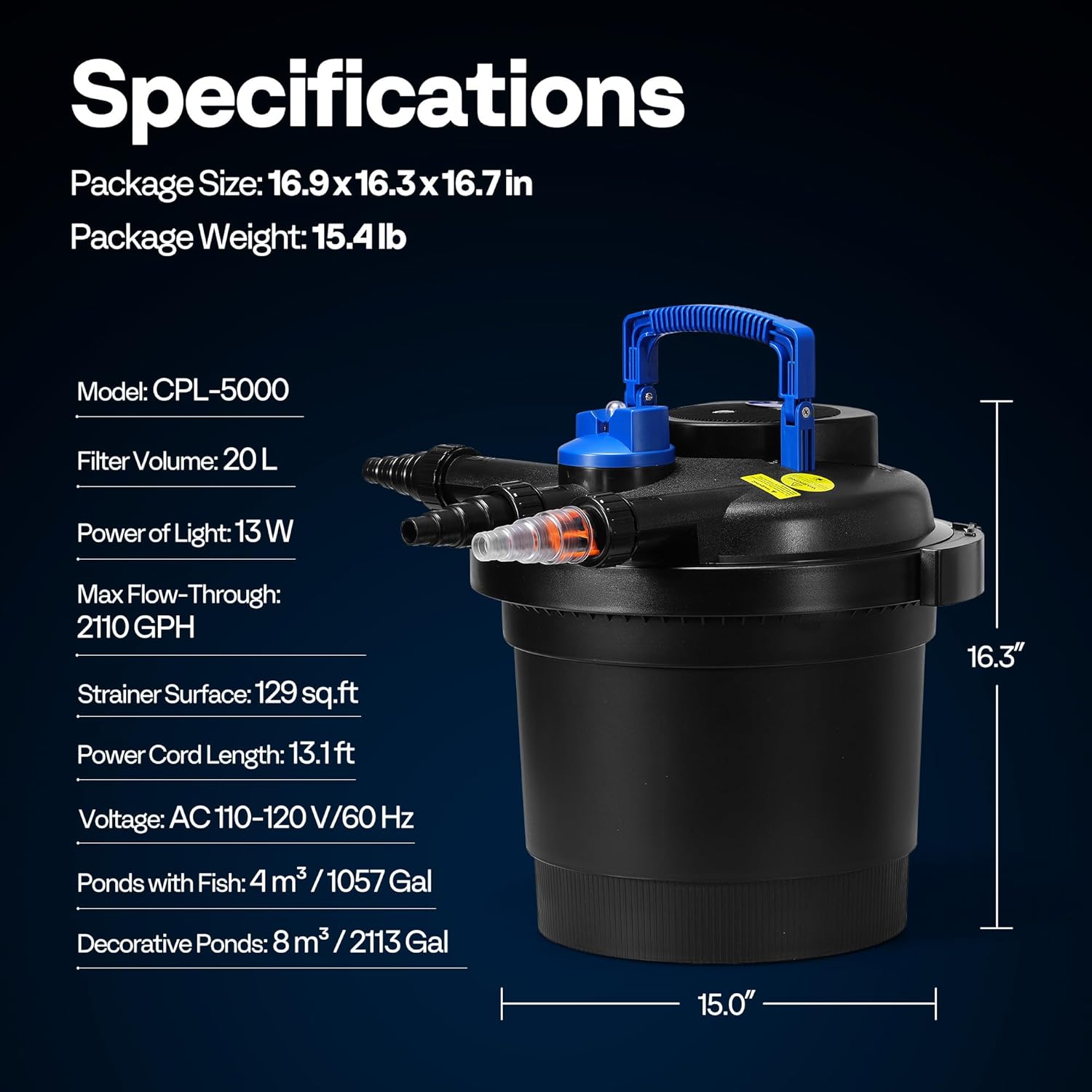 VIVOHOME 2110GPH Bio Pressure Pond Filter with 13W Light, Multi-Size Adapters for Koi Ponds up to 1057 Gallons or Ornamental Ponds up to 2113 Gallons