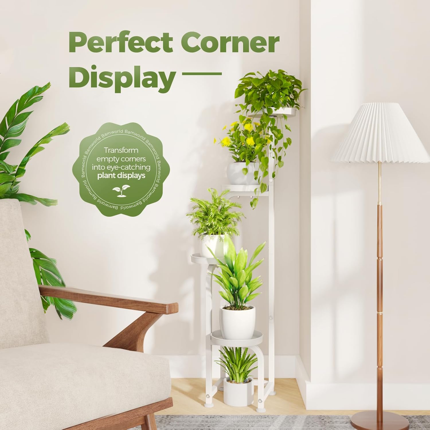 Bamworld Corner Plant Stand Indoor Outdoor, Tall Metal Flower Pot Stands for Multiple Plants, 4 Tier White Heavy Duty Plant Shelf for Patio Garden Balcony Living Room Bedroom(Patent Design)