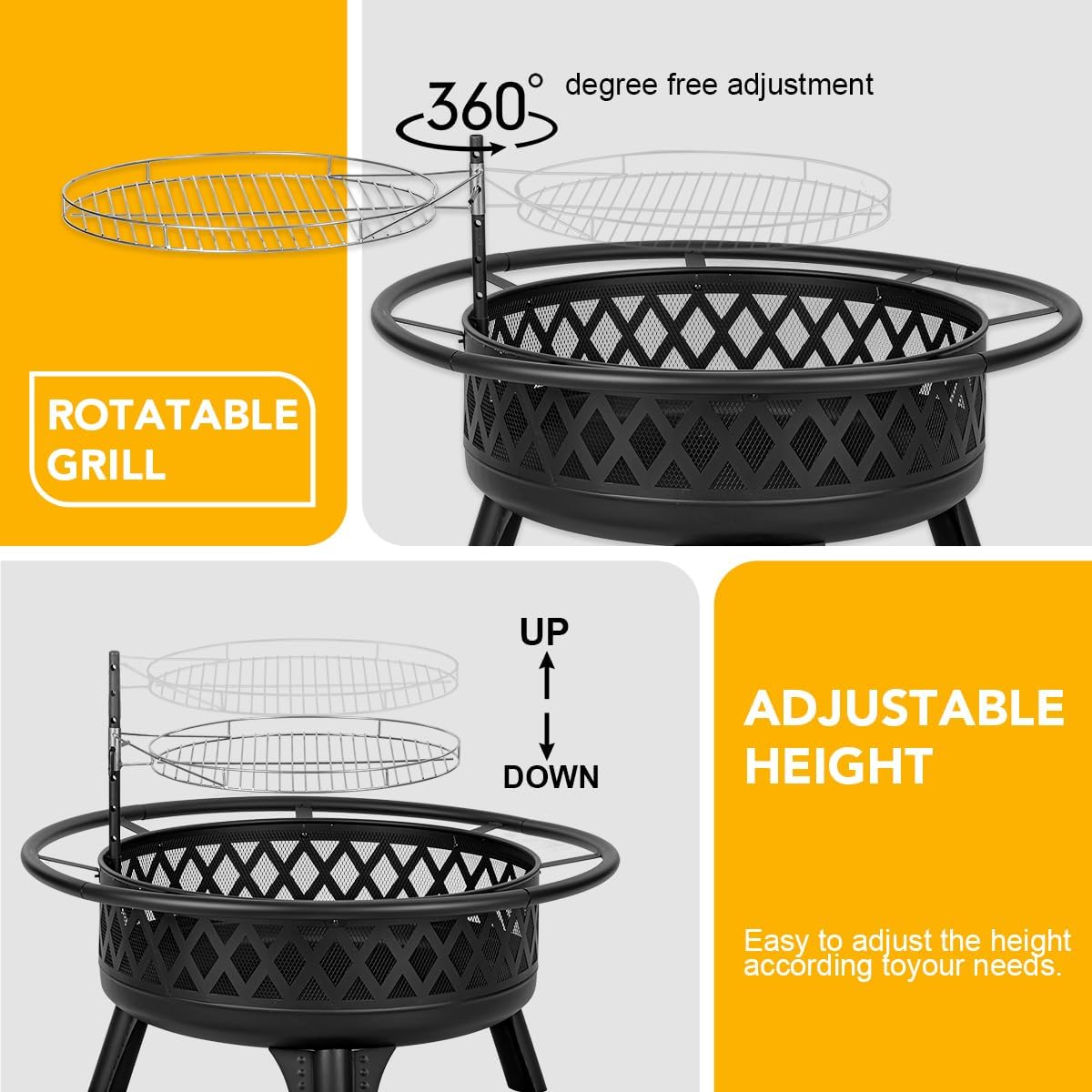 38 Inch Wood Burning Fire Pit for Outside, Round Firepit with Grill & Metal Lid, Metal Outdoor Fire Pit Table for Patio Backyard Garden Bonfire Party