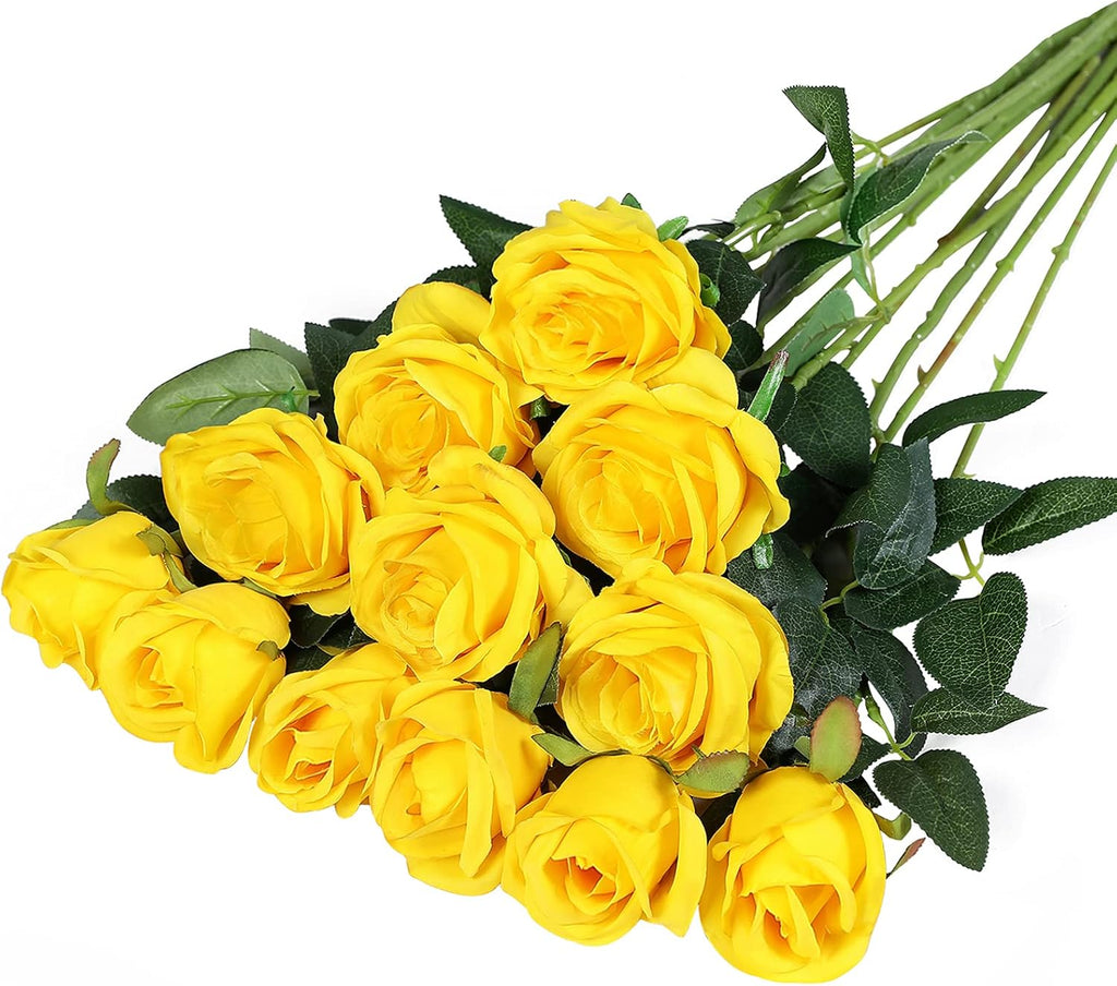 Hawesome 12PCS Artificial Silk Flowers Realistic Roses Bouquet Long Stem for Home Wedding Decoration Party (Yellow 1)