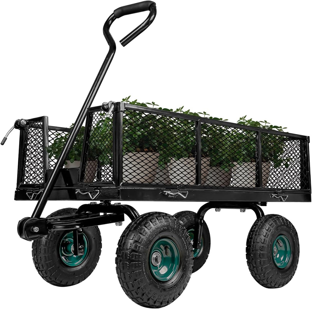 Taifa Heavy Duty Utility Steel Garden Cart 880 Lbs Capacity with Detachable Side Panels Convert to Flatbed for Yard Lawn and Farm, Metal Wagon with 180° Rotating Handle, Black