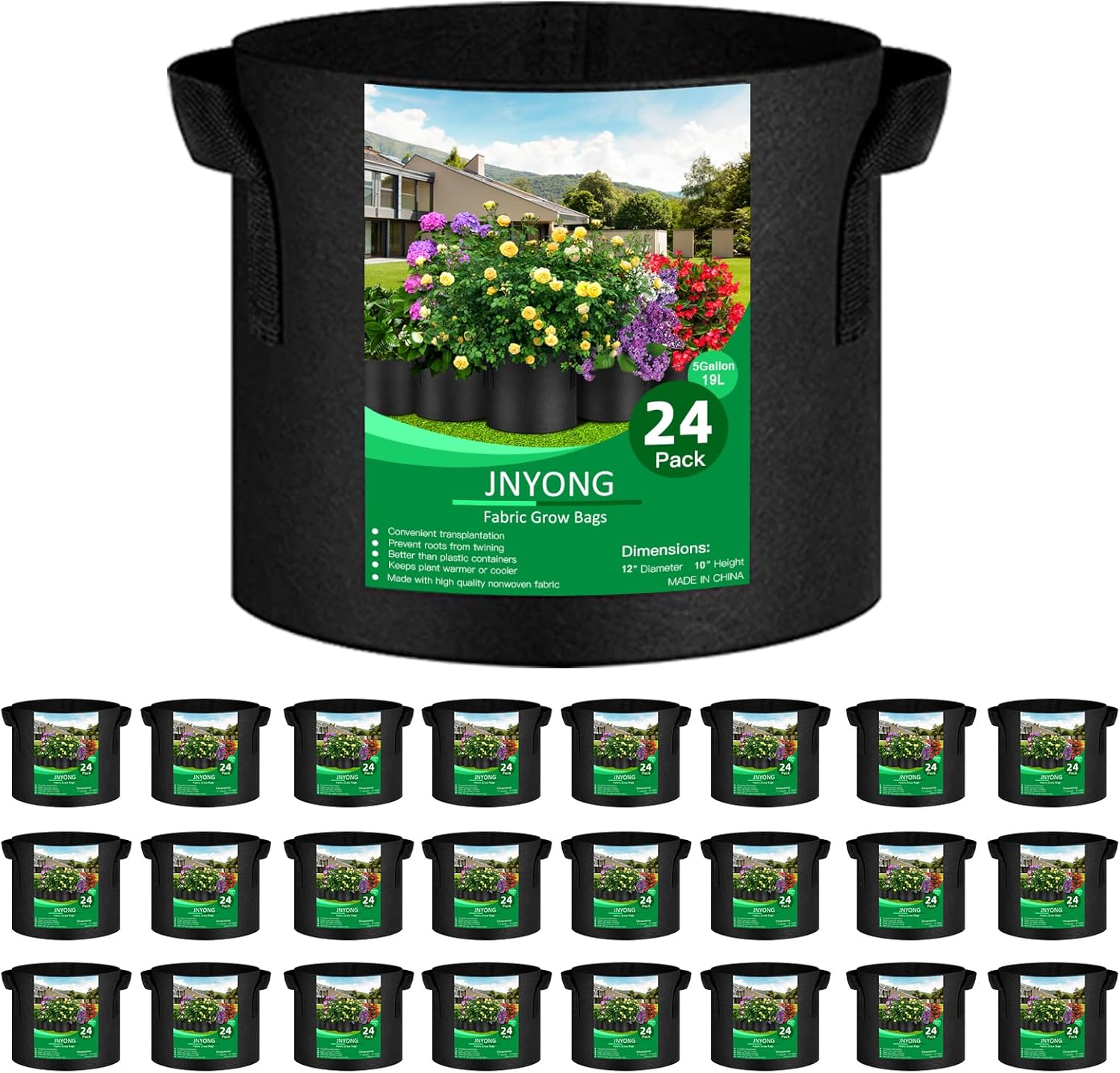 24-Pack 5 Gallon Thickened Non-Woven Grow Bags, Aeration Fabric Pots with Handles