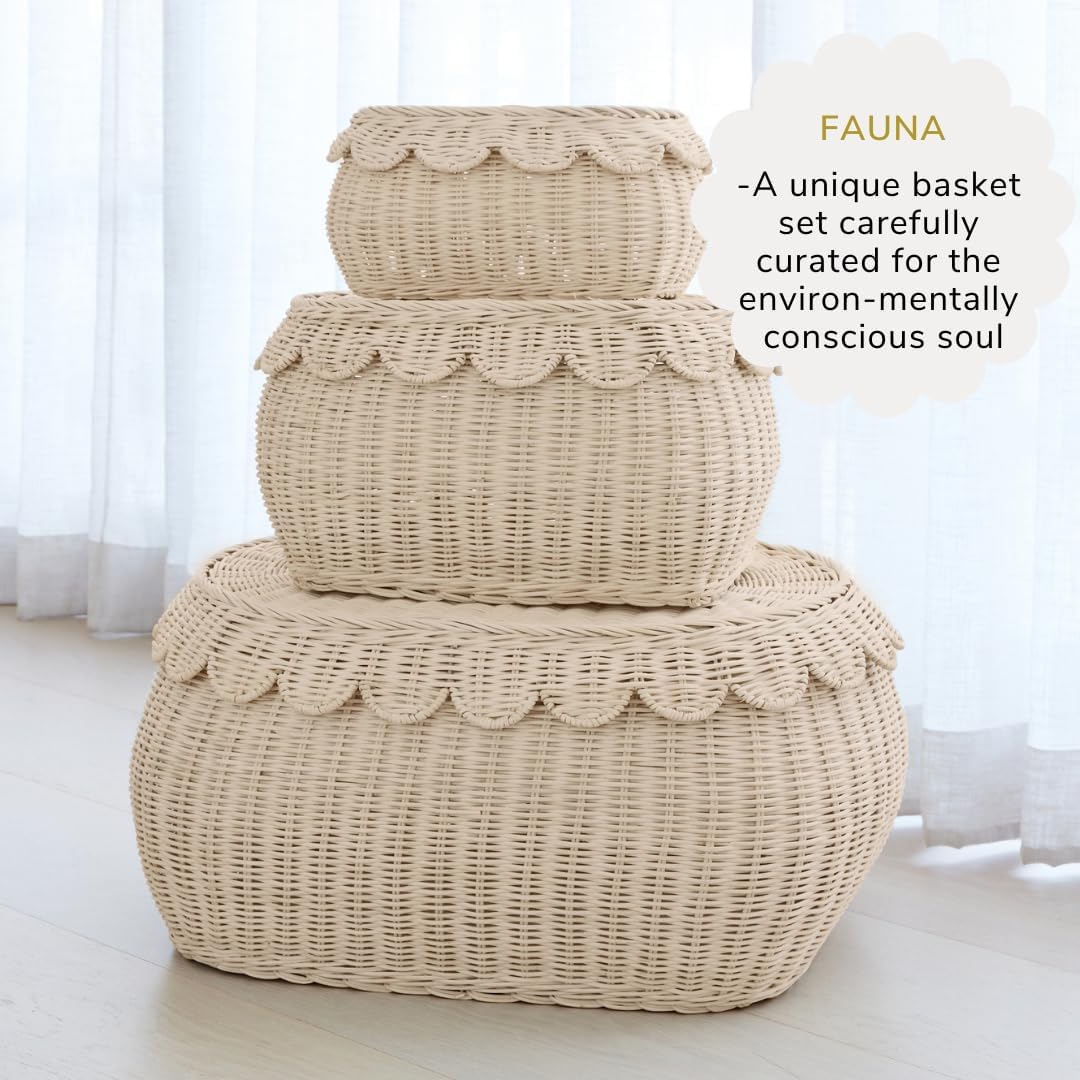 BEBE BASK Large Scalloped Basket Set Of 3 - Hand-Woven & Award-Winning Scallop Basket - XL - Extra Large for Blankets 22 x 16 x 10 In - Elegant Wicker With Scalloped Edge Lid (Natural)