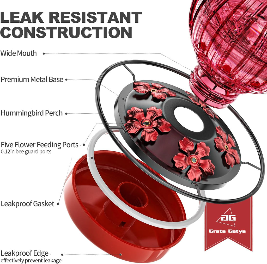 2 Pack Glass Hummingbird Feeder for Outdoors Hanging, Bird Nectar Feeder with Perch & 5 Flower Feeding Ports, 26 Oz Leak Proof for Outside Garden Decor Backyard, Gifts for Women Mom, Red