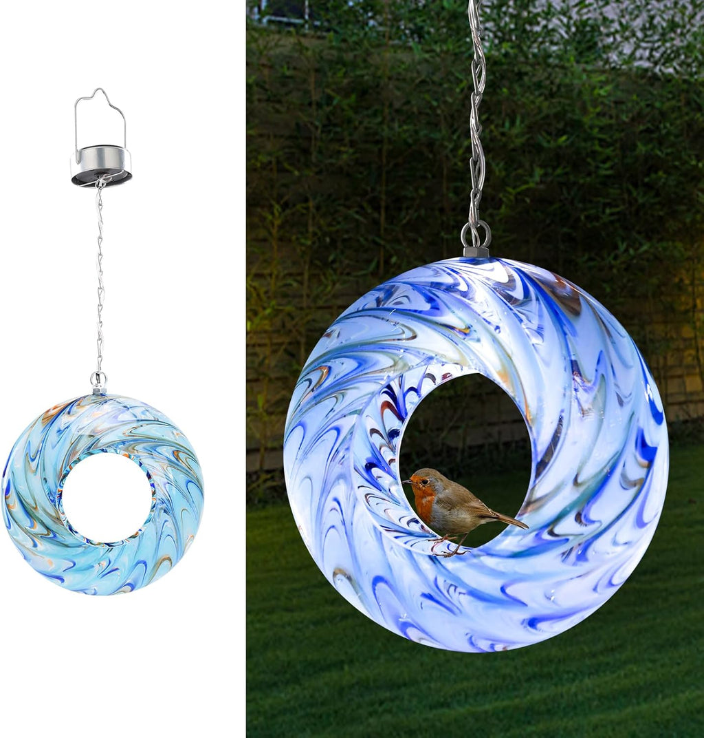 VCUTEKA Bird Feeder Solar Fly Through Bird Feeders for Outside Hanging with Round Shape Glass Container to Attract Wild Birds for Garden Decor, Solar Birdfeeder as Gift for Lovers, Light Blue 8-Inch