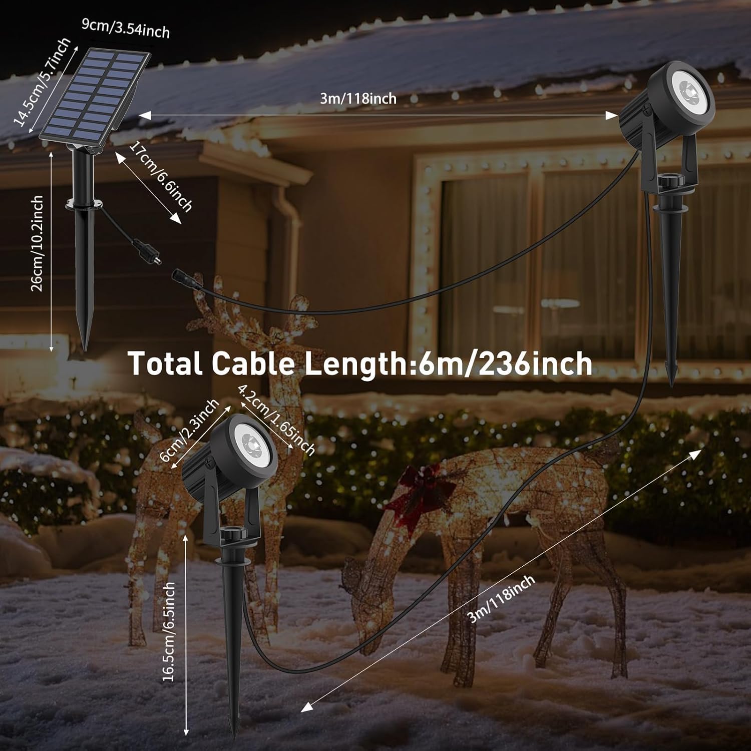 T-SUNUS Halloween Solar Spot Lights Outdoor IP65 Waterproof White 6000K 2-in-1 Landscape Spotlights, 9.8ft Cable Separate Panel Auto Dusk to Dawn for Christmas Flag Yard Garden Driveway Pathway Garage