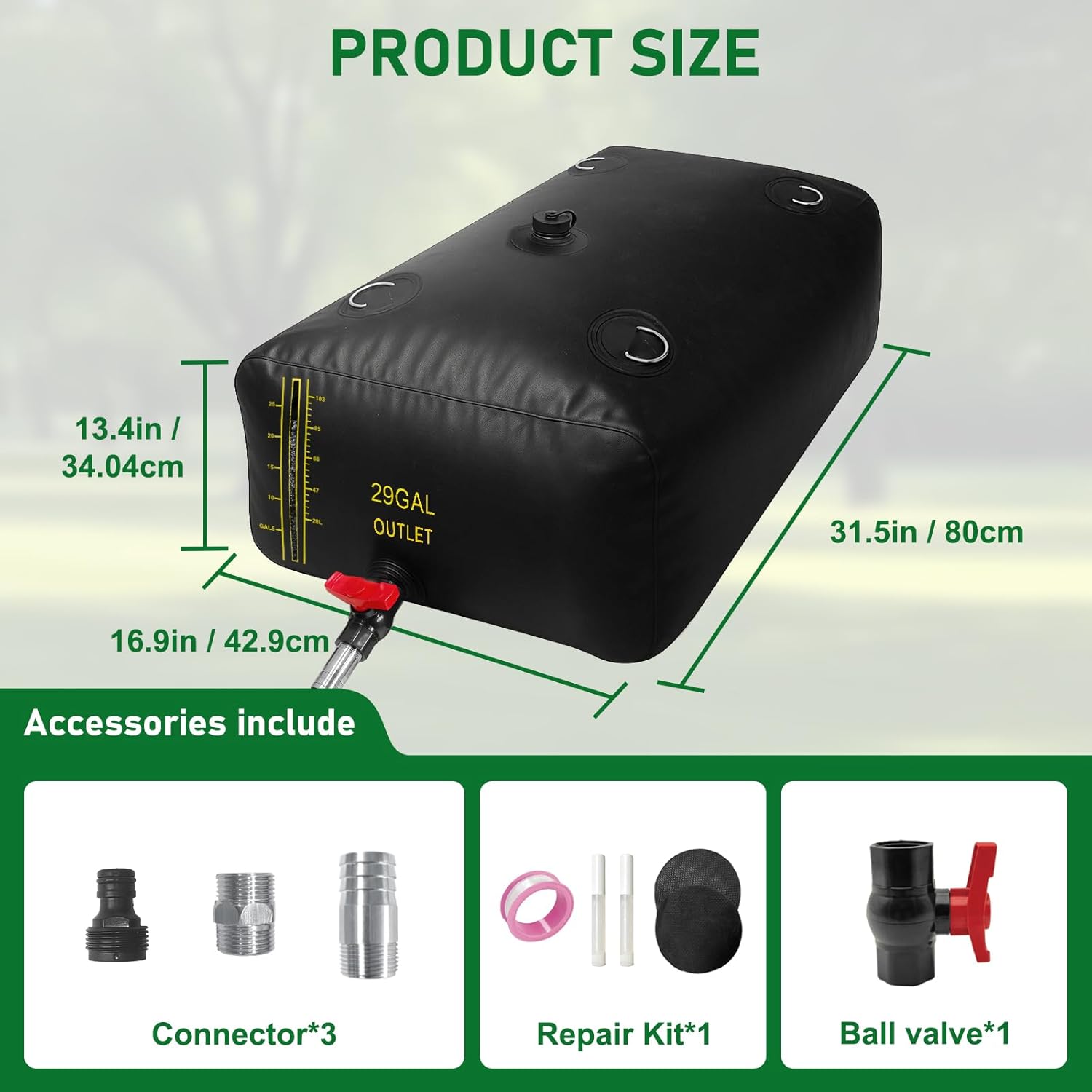 110L/29 Gal Water Bladder with Water Level Indicator, PVC Foldable and Portable Water Tank with 3 Connectors and Overflow Kit, Ideal for RV, Camping, Rainwater Collecting,Planting Watering