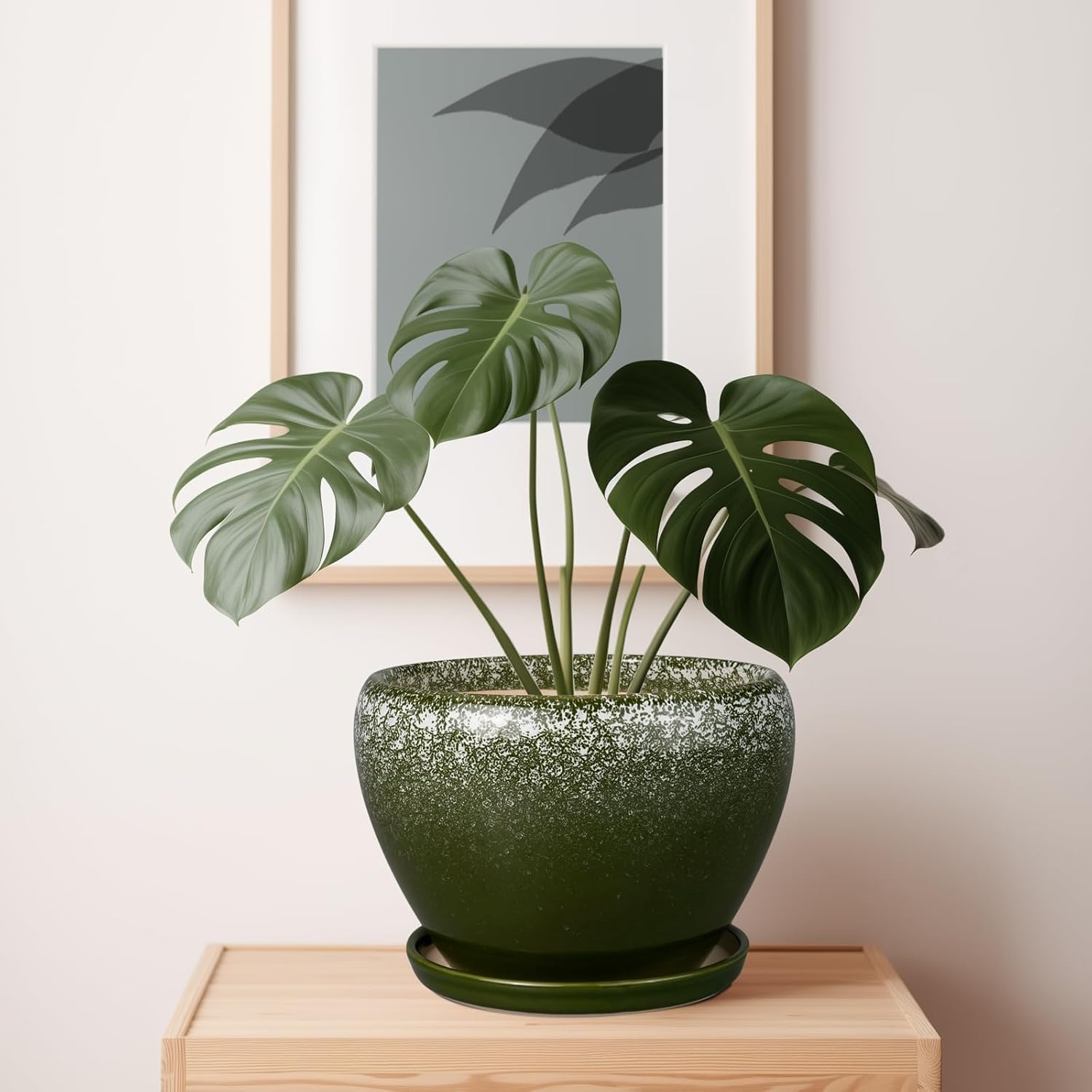 10 Inch Planter Pot - Ceramic Pots for Plants with Drainage Hole and Saucer, Round Large Flower Pot for Indoor Plants, Dark Green