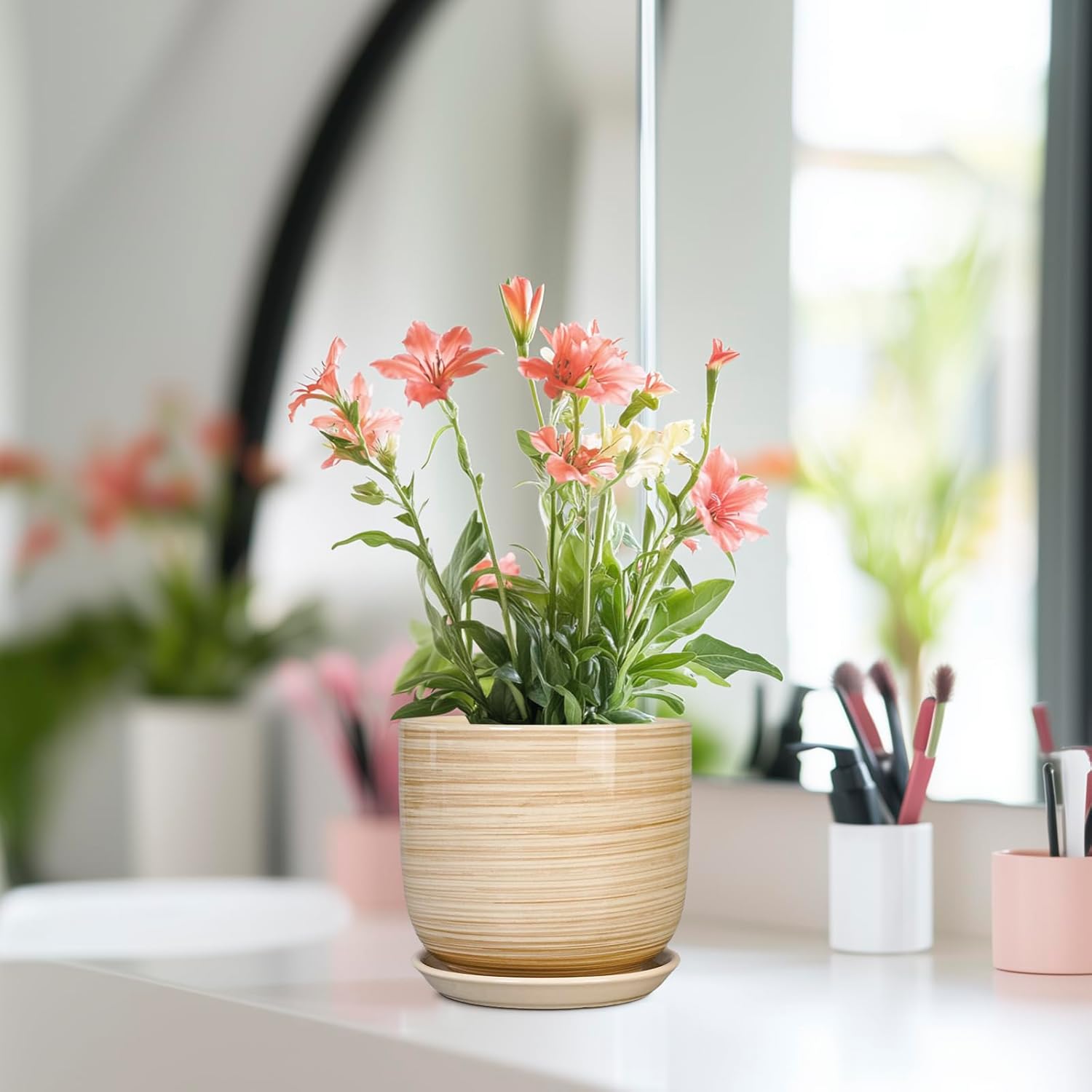 Ceramic Plant Pot 5 Inch - Modern Round Succulent Planter for Indoor Plants with Drainage Hole and Saucer, Office Home Room House Decor, Yellow