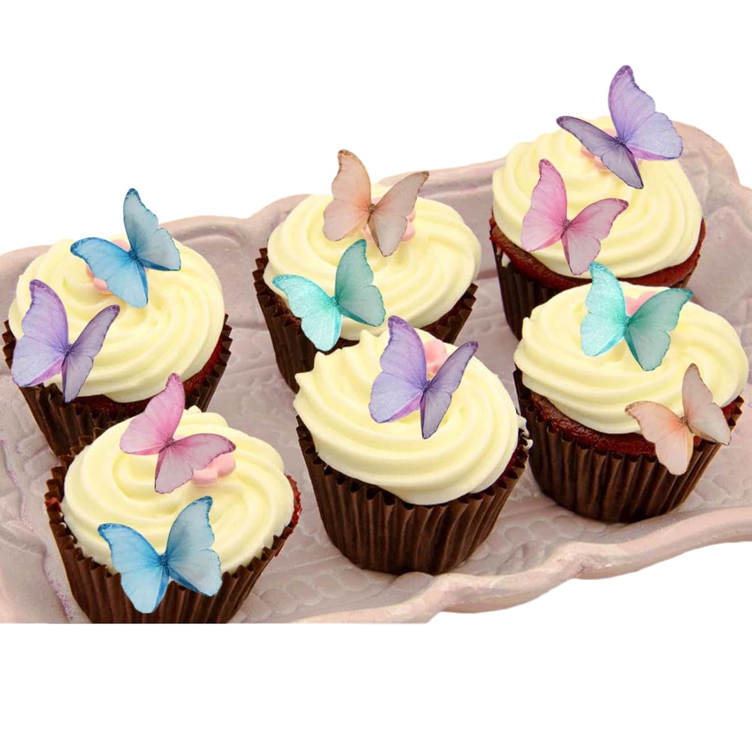 Weraru 48Pcs Edible Wafer Paper Butterflies Cupcake Topper Purple Pink Green Cake Decorations Mixed Color