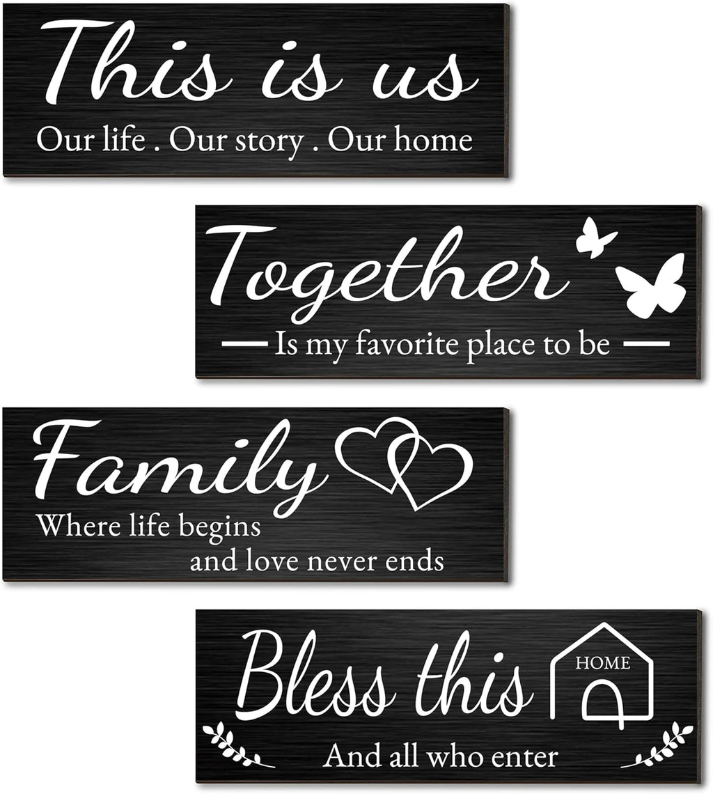 Joyhawk 4 Pieces Home Wall Decor Signs, THIS IS US/TOGETHER/BLESS THIS HOME/FAMILY Wall Decor For Living Room Bedroom, Rustic Wooden Farmhouse Wall Art Decor, 4.7 x 13.8 Inch(Black)