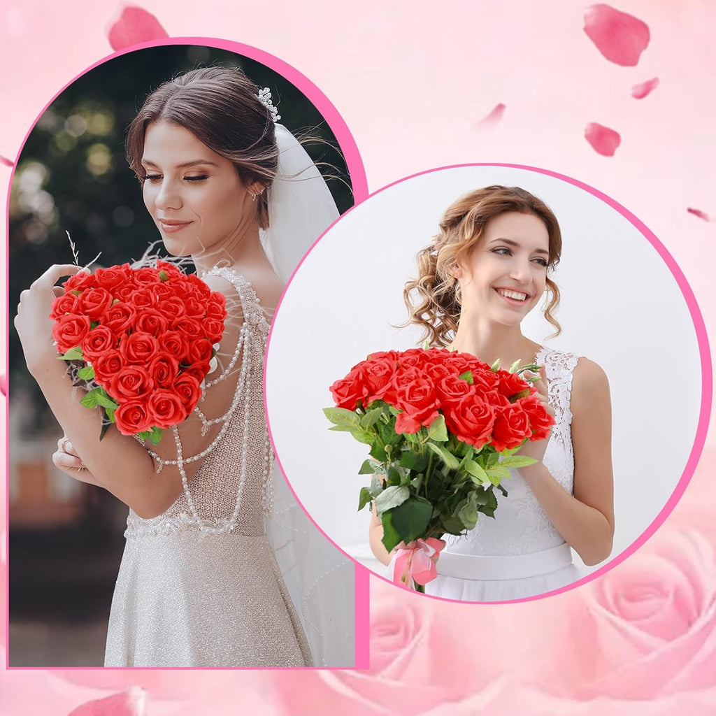36 Pcs Silk Rose Bouquet Bridal Artificial Flowers,Fake Rose Long Stem Realistic Artificial Flowers Bulk for Wedding Bouquet Ball Arrangement Centerpiece Party Decor(red)