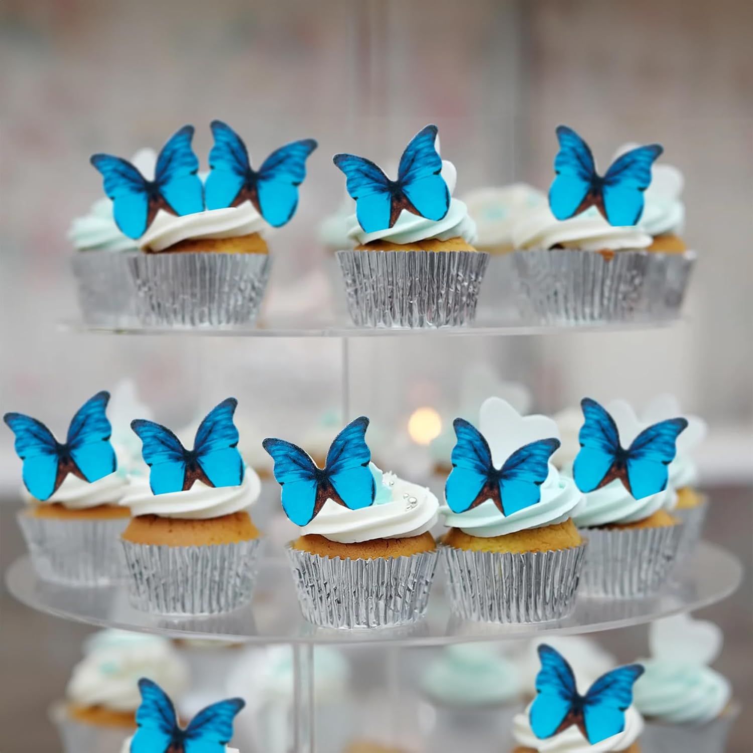 Ephlyn 48Pcs Edible Butterfly Cupcake Toppers 3D Cute Butterfly Cake Picks for Baby Shower Bridal Shower Boys Girls Birthday Party Cake Decorations Supplies Blue