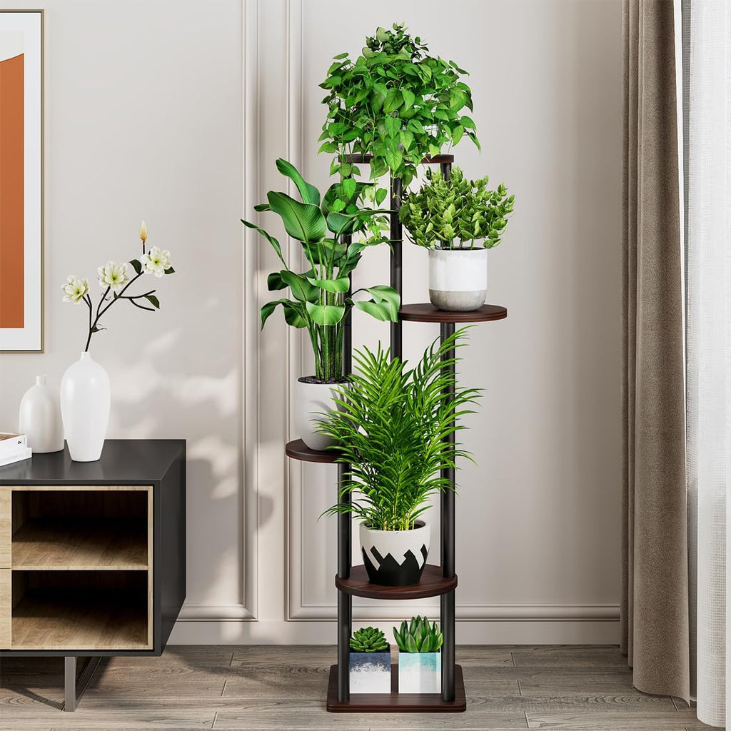 AZERPIAN Plant Stand Indoor 5 Tier Metal Plant Shelf for Multiple Plants Corner Tall Flower Holders for Living Room Balcony Bedroom Patio Garden (Black Oak, 5 Tier)