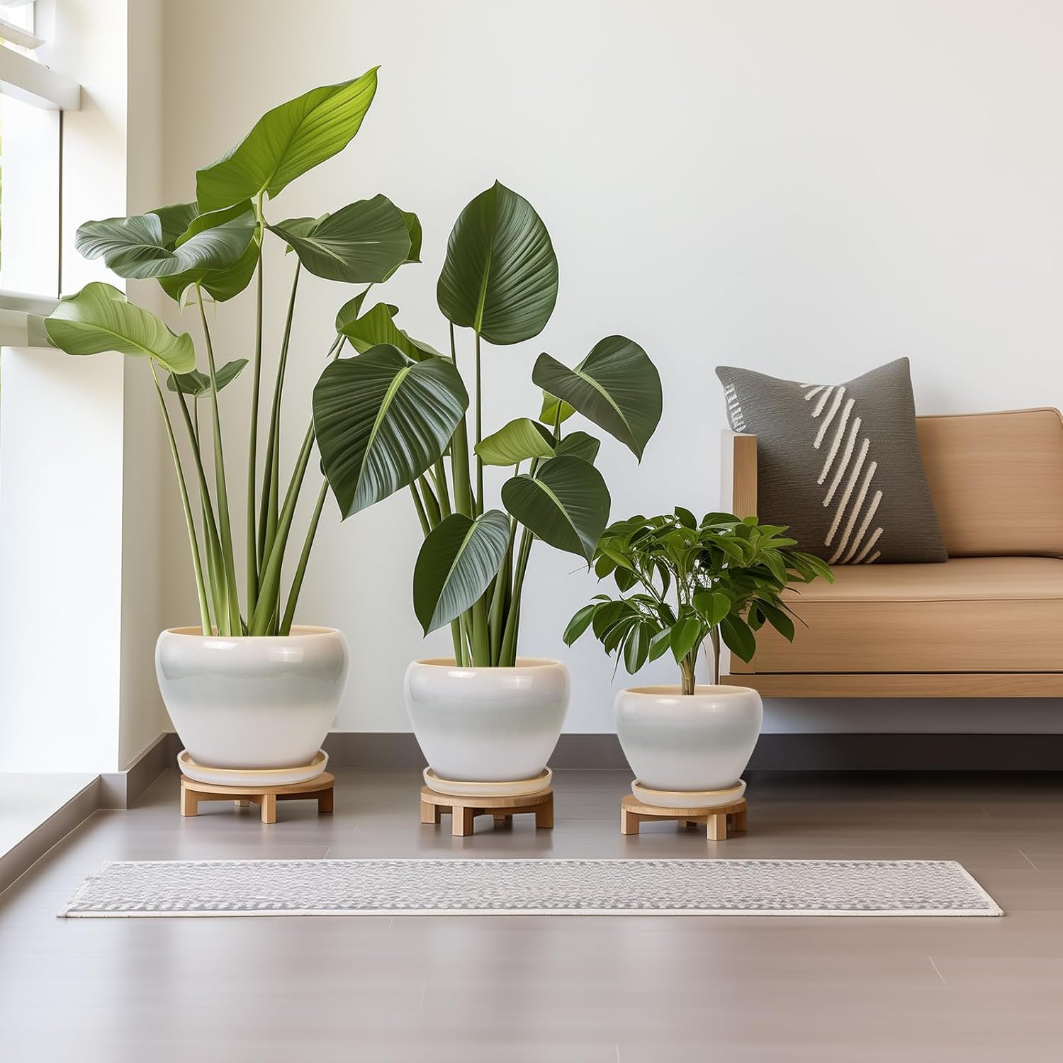 Ceramic Flower Pots, Modren Round 10 Inch 8 Inch 6 Inch Planters with Drainage Holes and Plant Saucers for Indoor Outdoor Flower, Garden Decor, Gifts for Plant Lovers, Set of 3, White-Grey