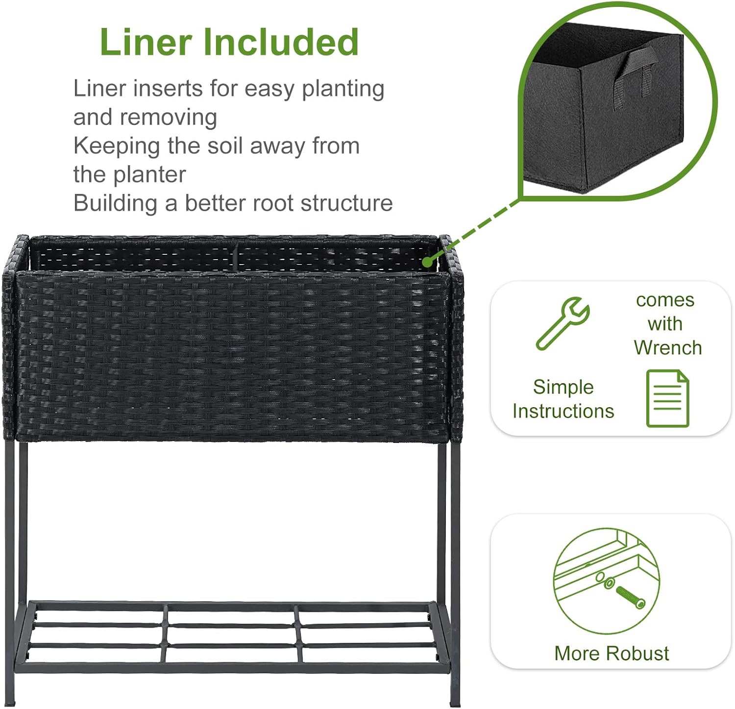 LEWIS&WAYNE Raised Garden Beds Outdoor with Legs Handmade Wicker Planter Box with Removable Liner & Storage Shelf Elevated Garden Bed for Vegetable Flower Herb - Black