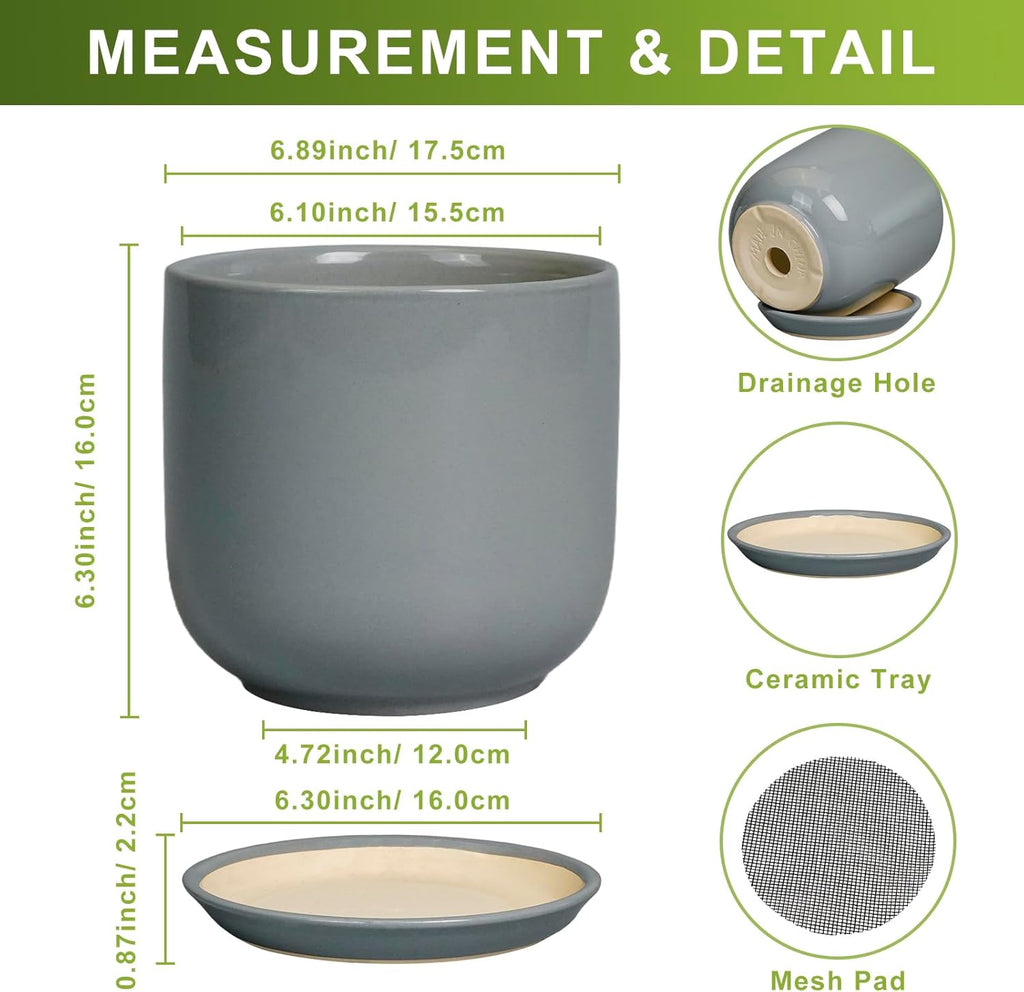 Indoor Planter 7 Inch - Round Ceramic Plant Pot for Cactus Orchid Plants with Drainage Hole and Saucer, Home Outdoor Patio Office Decor, Gray