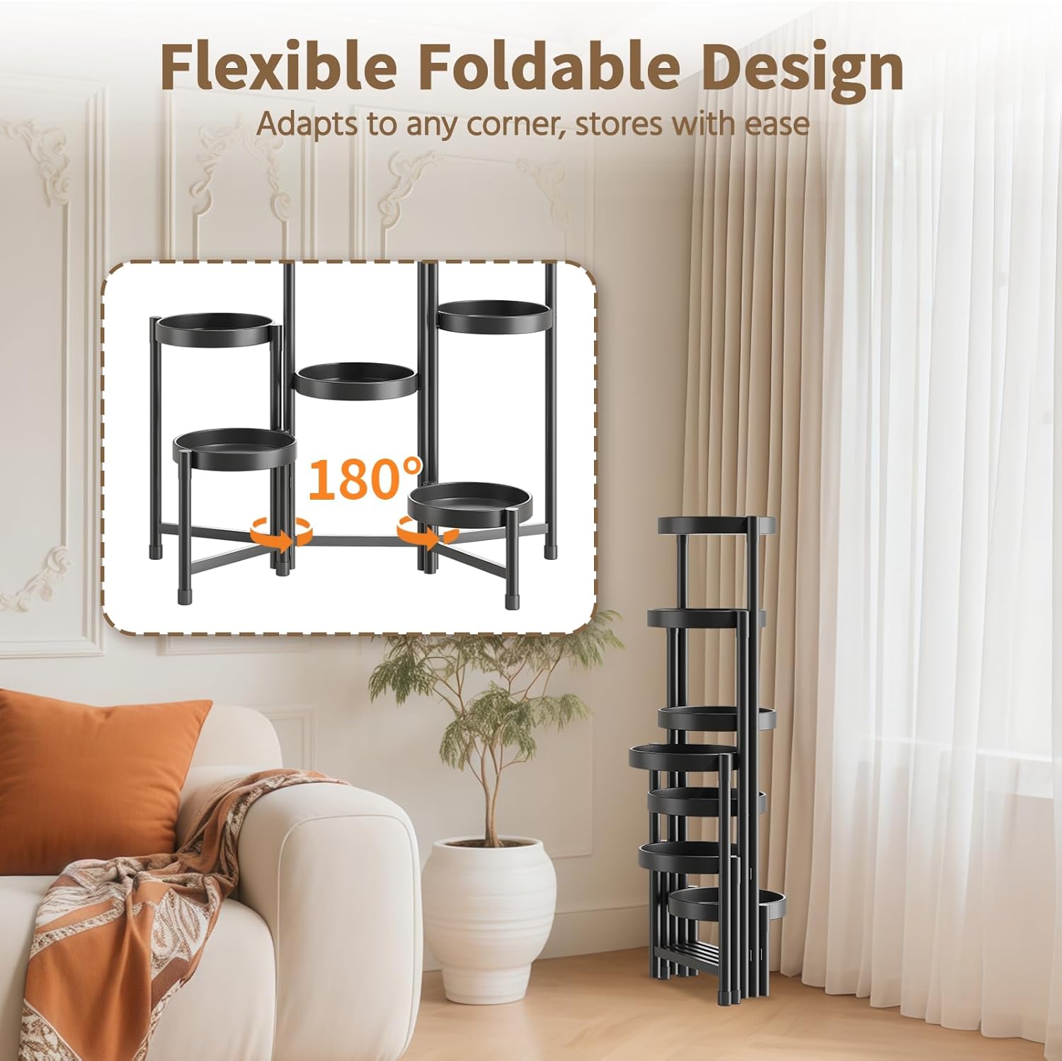 LASZOLA 7 Tiered Folding Plant Stand Indoor for Multiple Large Planter, Tall Heavy Duty Adjustable Rack with Rust Proof 10 Inch Wide Tray, Sturdy Vertical Tree Organizer for Narrow Inside Floor, Black