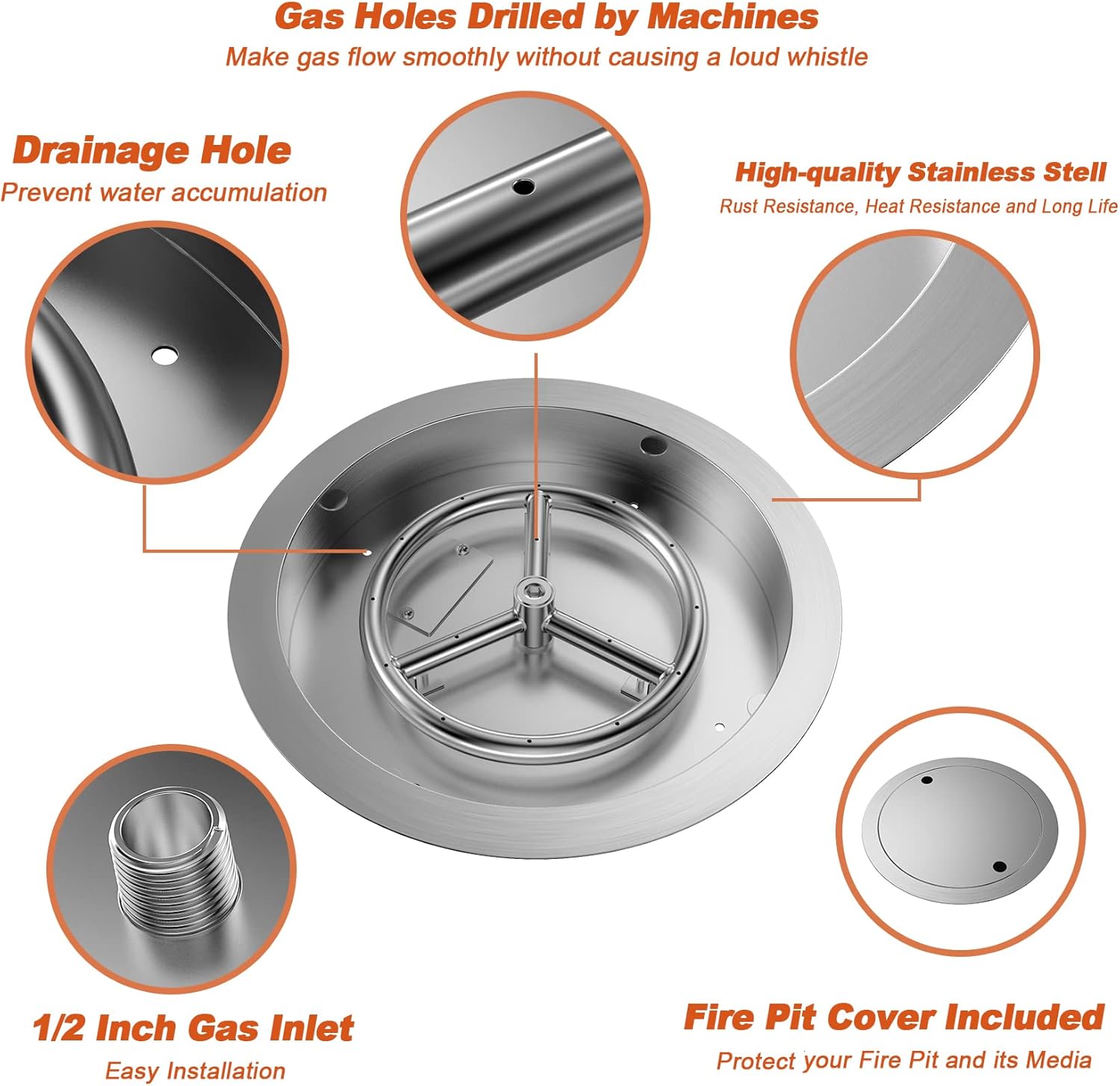 Skyflame 13 Inch Round Stainless Steel Drop in Fire Pit Pan Fire Bowl with Burner Ring and Protective Cover