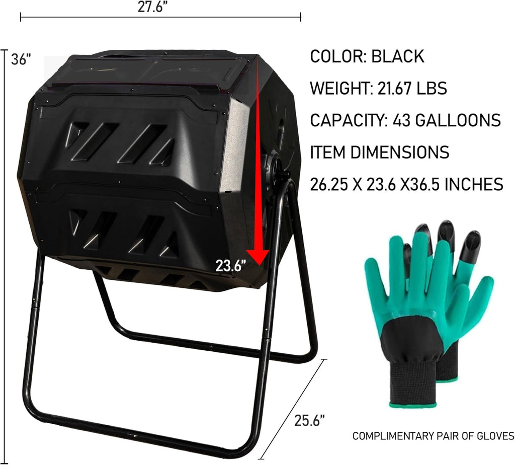 Hourleey Compost Bin Outdoor, 43 Gallon Dual Chamber Tumbling Composting Bin with Sliding Doors, Tumbler Rotating Batch Composter Bin for Garden Kitchen Yard