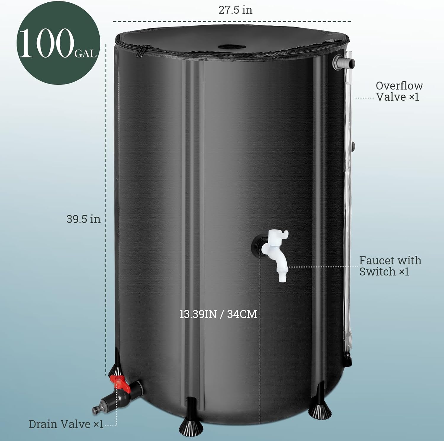 100 Gallon Collapsible Rain Barrel, SKM Portable Rain Water Collection Barrel for Garden/Outside/Lawn, PVC Rainwater Collection System Water Tank Storage Container with Spigots & Overflow Kit, Black