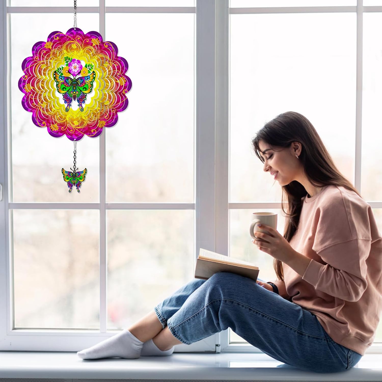 Hanging Butterfly Wind Spinners, Metal Kinetic Wind Spinner 3D Stainless Steel Laser Cut Wind Sculptures for Window Indoor Garden Decor Yard Art (Red)