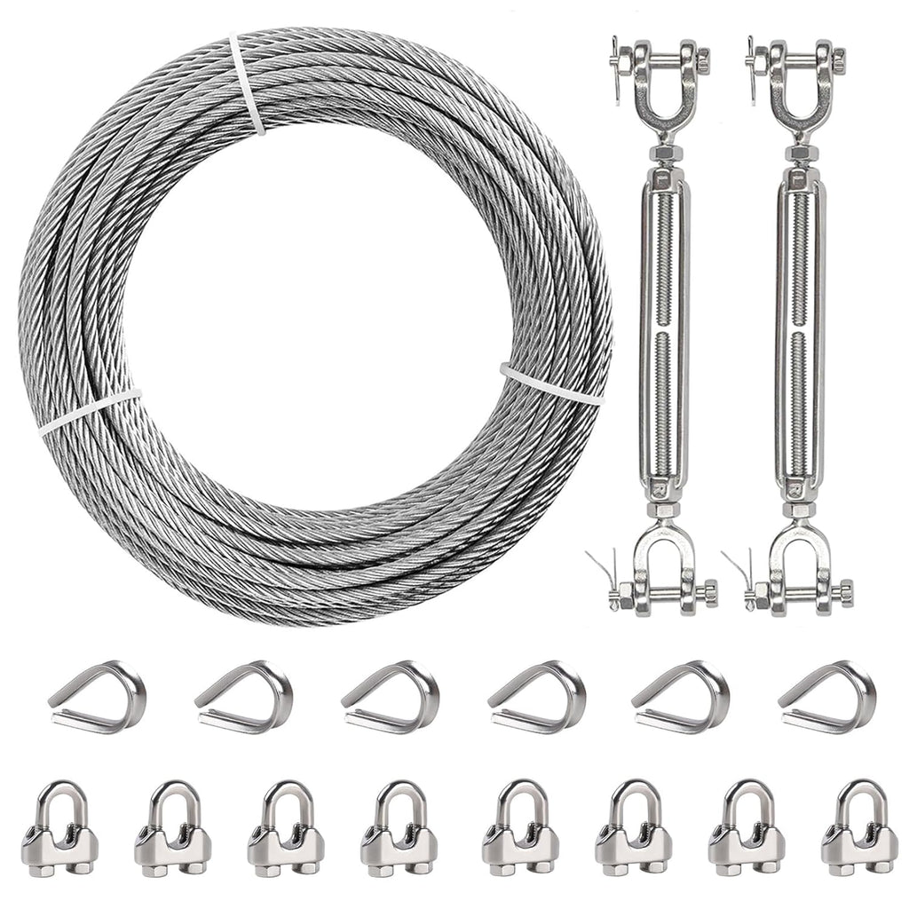 1/4" Wire Rope Kit, 100ft Stainless Steel Cable with 2Pcs 1/4 Turnbuckle, Clamp & Thimble, 7x19 Strands Heavy Duty Metal Cable,1400 lbs Load Limit, Turnbuckles for Cables Wire, Zipline