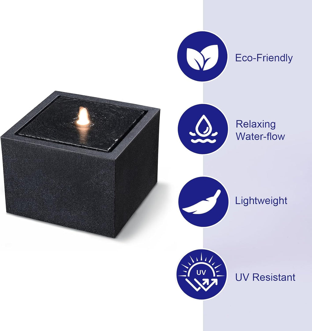 12.79” H Outdoor Water Fountain Made with Eco-Friendly Recyclable Materials, Polyethylene Square Bubbler Outdoor Fountain, Garden Decor with LED Light for Patio, Porch, Backyard